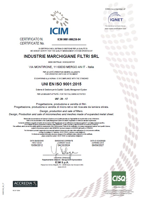 Certificato ISO 9001-2015 Certificato ISO 9001-2015